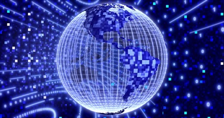 Obraz premium Neon Digital binary background with rotating Planet earth. animation for network, digital event. 3D illustration