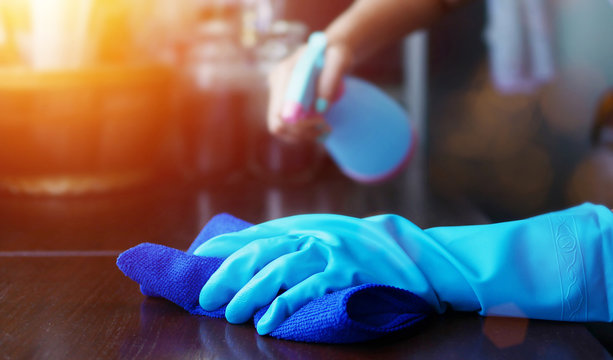 hand in blue rubber glove holding blue microfiber cleaning cloth and spray bottle with sterilizing solution make cleaning and disinfection for good hygiene