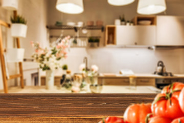 Desk of free space and kitchen interior 