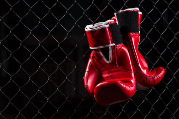 Pair Red Boxing gloves hang on the grid of the octagon of the ring for fights without rules on a...