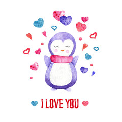 Lovely watercolor penguins. Postcard for lovers of blue, pink, purple hearts.