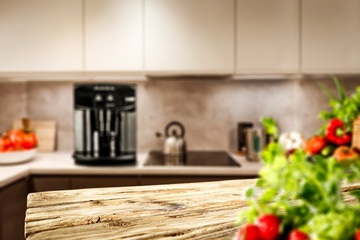 Desk of free space and kitchen interior 