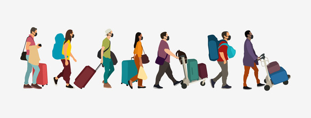 People in airport staying in line, wearing virus protective masks. Coronavirus protection vector illustration.