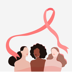 Three adult women with different skin types. Breast cancer awareness day. Digital illustration. Beautiful women together