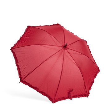 Beautiful red umbrella with a border on the edge in the open state isolated on a white background with a shadow.