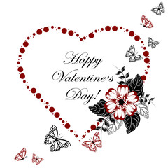 Happy Valentines day greeting card. Red heart made of dots with beautiful red flower and butterflies on white background