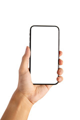 hand holding smartphone blank screen - isolated on white background