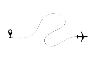 Airplane line path of air plane flight route with start point and dash line trace. Tourism and travel. The waypoint is for a tourist trip on a white background. Vector icon