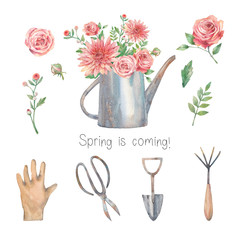 Watercolor gardening composition with flowers. Set of garden tools. Watering can with floral bouquet isolated on white background.