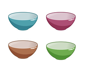 Empty bowls of different colors isolated on white background. Set of vector food icons.
