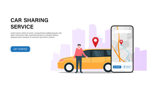 Car sharing service background template. Landing page with man and car vehicle for a short time. Smartphone with map navigation app. Website page concept. Trendy style vector illustration