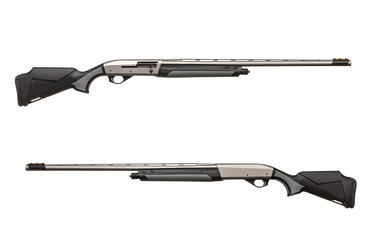 Modern black silver shotgun isolated on white background.  Weapons for sports, hunting and self-defense.