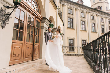 Obraz premium Beautiful elegant couple of newlyweds in love on the background of an old building and paving stones, European wedding
