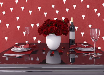 Valentines table for two with flowers and bottle of wine
