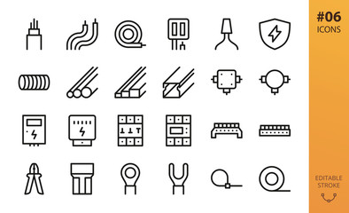 Electricity icons set. Set of electrical wire, hank of cable, pvc tubes, cable channel, junction box, electric box, electricity meter, terminal block connectors, wiring tools isolated vector icons