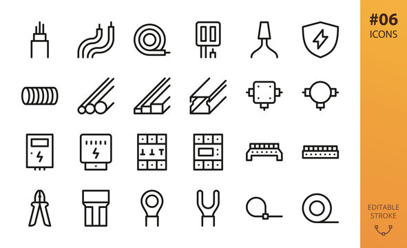 Electricity icons set. Set of electrical wire, hank of cable, pvc tubes, cable channel, junction box, electric box, electricity meter, terminal block connectors, wiring tools isolated vector icons