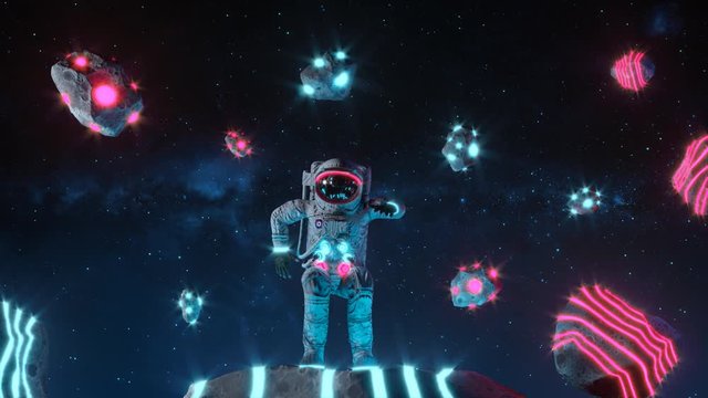 Funny Dancing Astronaut With Neon Light Asteroids In Space. Space Background. Retro Dance Party. Seamless Loop