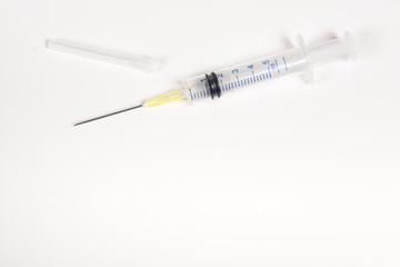 Plastic syringe or injection needle on a white background with space for copy