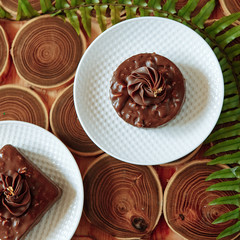 Homemade chocolate snacks with nuts. Dessert with nuts and nougat, covered with chocolate and crushed chocolate flower on a wooden table made of bars. Green fern leaves.