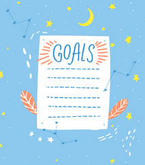 Fototapeta na wymiar Goals list, blank template, hand drawn style. One paper sheet with cute hand drawn stars and moon decorations, journal page.