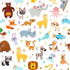 Obraz premium Cute cartoon animals alphabet pattern isolated on white.