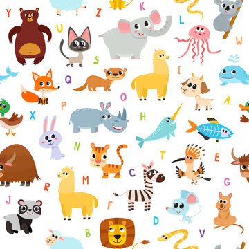 Cute cartoon animals alphabet pattern isolated on white.