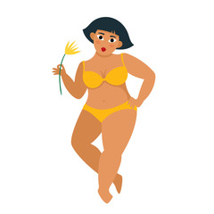 Vector illustration of bodypositive woman in swimsuit isolated on white.