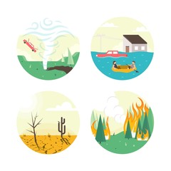 Climate emergency icon set, illustrating such ecological problems as tornado formation, flood, drought and forest fire.