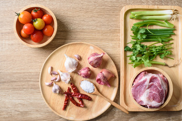 Food ingredients for making Nam Prik Ong, Northern Thai local food