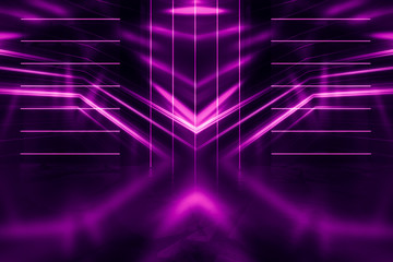 Abstract dark background with purple neon glow. Neon luminous figure in the center of the stage. Light lines on a dark background, smoke, smog