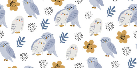 Seamless pattern with cute owls couples hugging