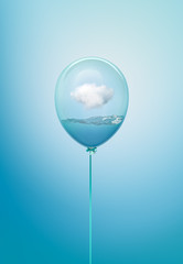 Minimal flying balloon concept with white cloud inside. Surreal cloud above water  idea on blue background. 