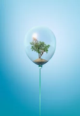 Foto op Plexiglas Minimal balloon concept with green tree inside. Minimal flying balloon ecology idea with growing tree on blue background. © Marcin