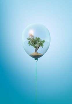 Minimal balloon concept with green tree inside. Minimal flying balloon ecology idea with growing tree on blue background.