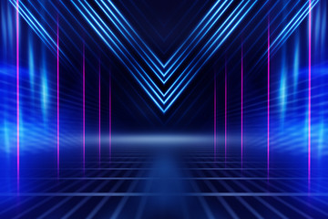 Abstract dark background with blue and pink neon glow. Neon luminous figure in the center of the stage. Light lines on a dark background, smoke, smog