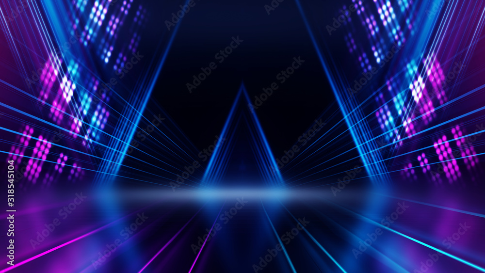 Poster abstract dark background with blue and pink neon glow. neon luminous figure in the center of the sta