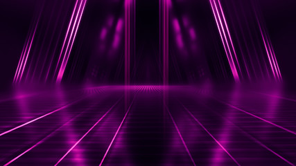 Abstract dark background with purple neon glow. Neon luminous figure in the center of the stage....