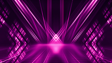 Abstract dark background with purple neon glow. Neon luminous figure in the center of the stage. Light lines on a dark background, smoke, smog