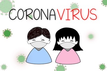 Hand drawing. Man and woman cartoon wearing mask to protect Coronavirus 2019 (nCOV). This virus outbreak from Wuhan city, China. Dangerous.