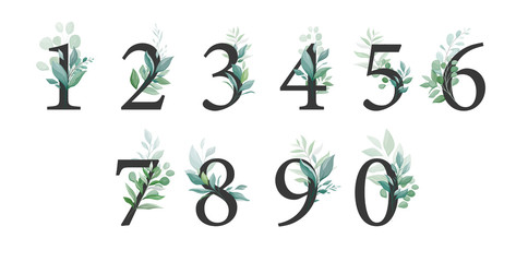 Floral number set with greenery decoration. Elegant digits 1, 2, 3, 4, 6, 7, 8, 9, 0 with botanic leaves for wedding invitation and card design composition. Vector elements