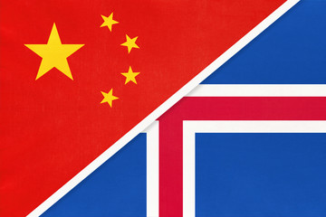 China or PRC vs Iceland national flag from textile. Relationship between asian and european countries.