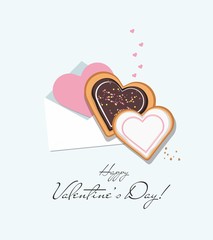 Envelope with Valentine card and heart shaped cookies. Top view. Valentine's day.