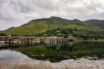 The A87 road bridge above Loch Long in Dornie town in Scotland near the Eilean Donan Castle