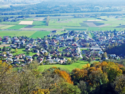 A village of R&uuml;thi SG (Ruthi SG or Ruethi SG) at the foot of a Alpstein mountain range and in the Rhine river valley (Rheintal) - Canton of St. Gallen, Switzerland