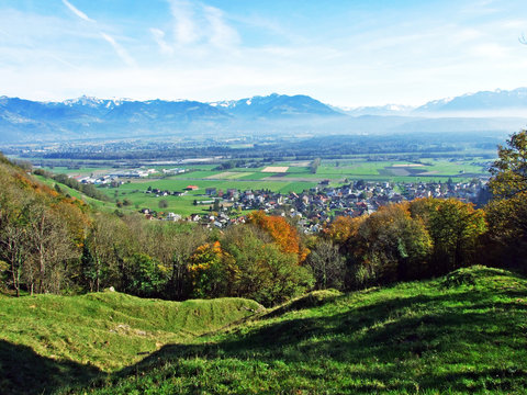 A village of R&uuml;thi SG (Ruthi SG or Ruethi SG) at the foot of a Alpstein mountain range and in the Rhine river valley (Rheintal) - Canton of St. Gallen, Switzerland