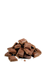 Vertical Image of Pile of Chocolate Chunks Isolated on White Background with Copy Space