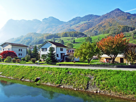 A village of R&uuml;thi SG (Ruthi SG or Ruethi SG) at the foot of a Alpstein mountain range and in the Rhine river valley (Rheintal) - Canton of St. Gallen, Switzerland