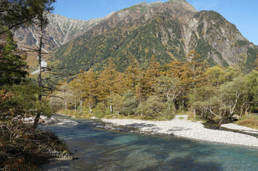 Beautiful crystal clear water river landscape with mountain background in Japan Alps Kamikochi, Nagano, Japan