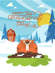 Happy Groundhog Day! Vector colorful illustration with cute marmot and its shadow
