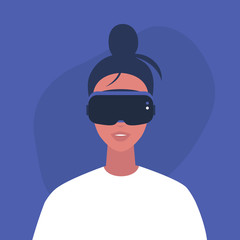 Young female character wearing a virtual reality headset, Millennial gadgets and lifestyle